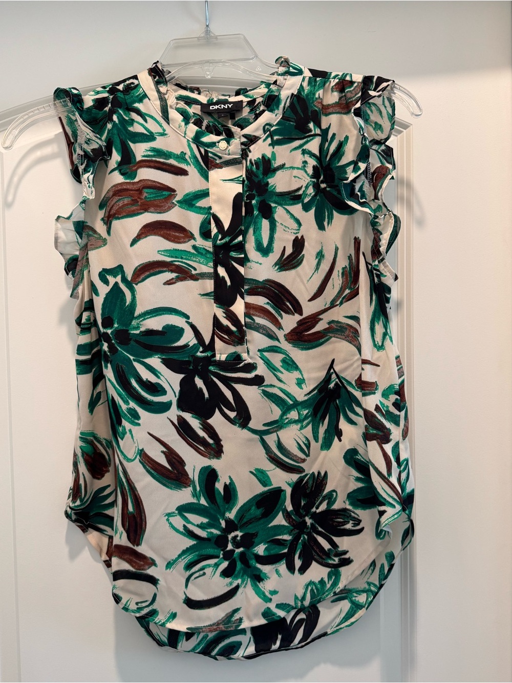 DKNY Cream Floral Print Ruffle Sleeve Top